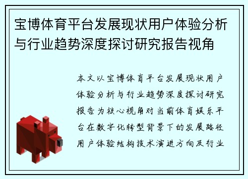 宝博体育平台发展现状用户体验分析与行业趋势深度探讨研究报告视角